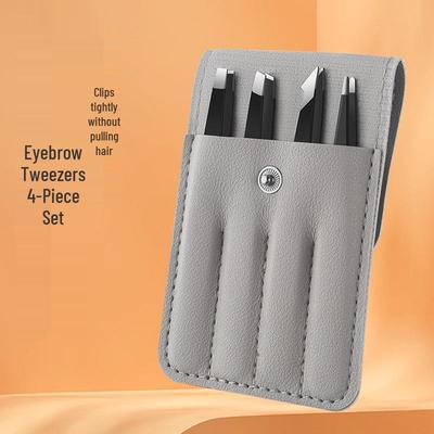 Portable Leather Case 4-Piece Stainless Steel Eyebrow Tweezer and Eyelash Extension Set