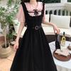 Plus Size Retro Patchwork Two-Piece Long Dress with Slimming Straps and Sweet Bow Accent