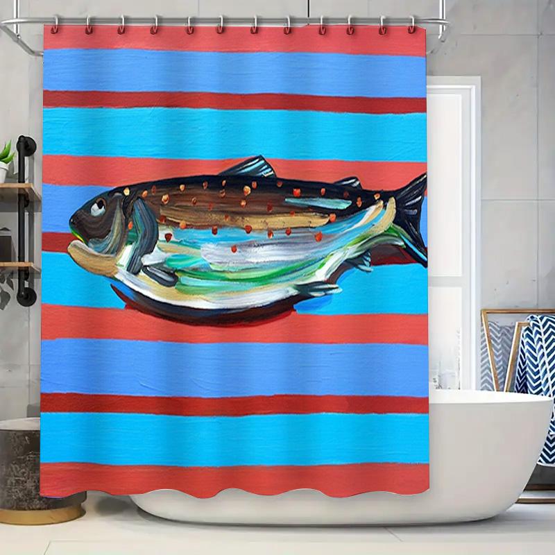 

Vibrant Striped Bathroom Shower Curtain with Fish Painting Waterproof Fabric Decorative Home Accessories for Modern Bathrooms 90x180cm
