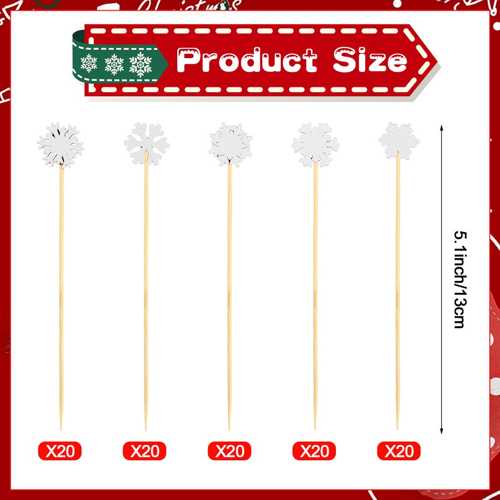 100Pcs Christmas Cocktail Picks Cocktail Toothpicks Cake Topper Pick Assorted Snowflake Skewers Xmas Bamboo Sticks For Sandwich