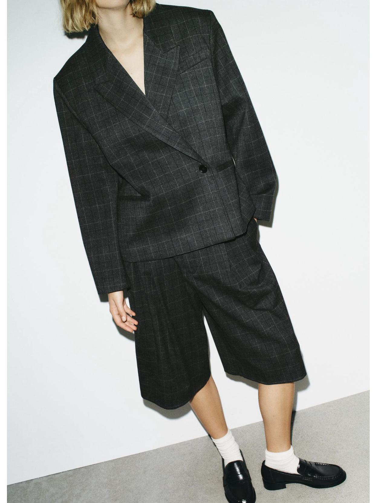 Высококачественный серый клетчатый свободный блейзер для женщин - Европейский и американский стиль L