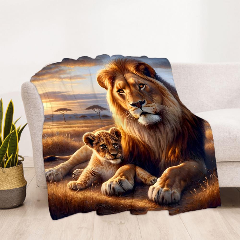 1pc Lion Cubs Flannel Blanket, Comfortable and Warm Blanket, for Camping Sofa Bed and Couch Office040