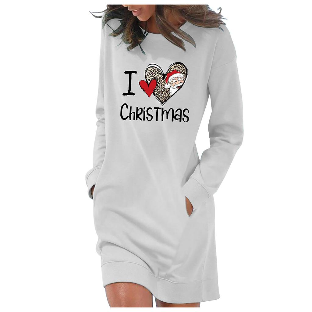 Women's Casual Solid Color Long Sleeve Round Neck Pocket Dress Merry Christmas