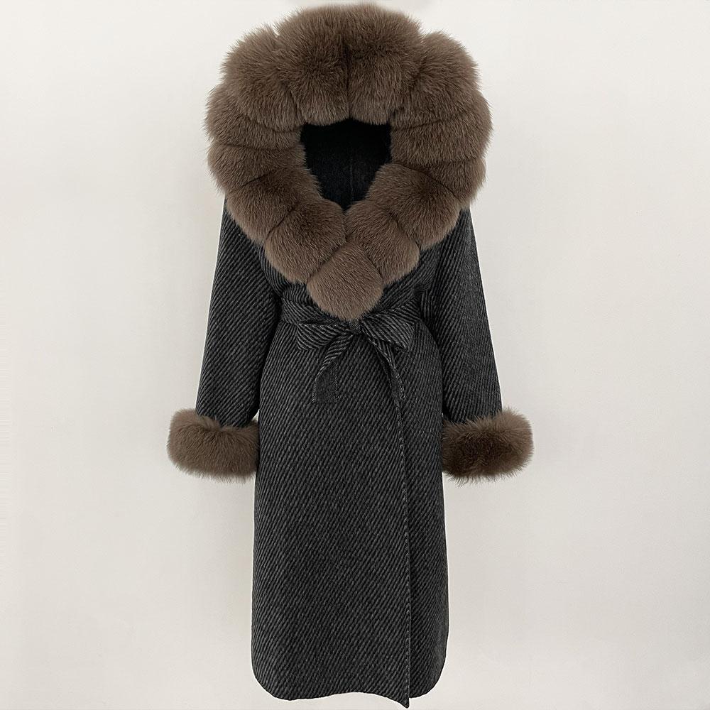 OFTBUY Autumn Winter Women Coat Real Natural Fox Fur Collar Hooded Double-faced Woolen Blends Jacket Thick Warm Casual Overwears