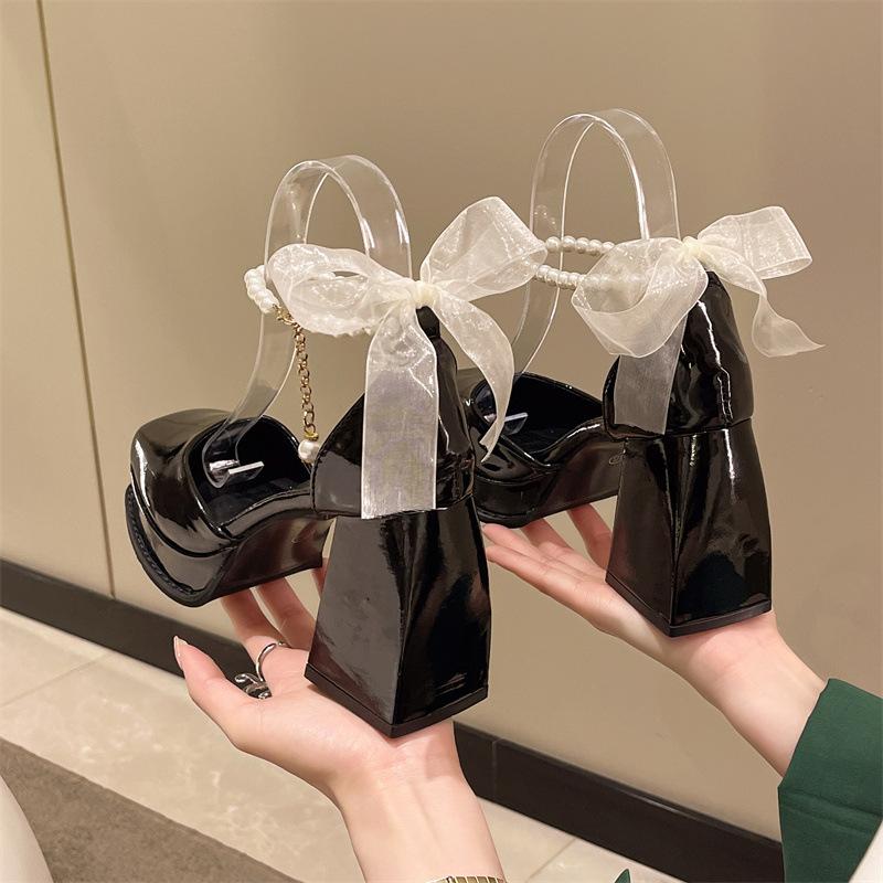 Mary Jane shoes 2025 thick heel waterproof platform thick sole Japanese Spice Girl patent leather black temperament French high heel small leather s