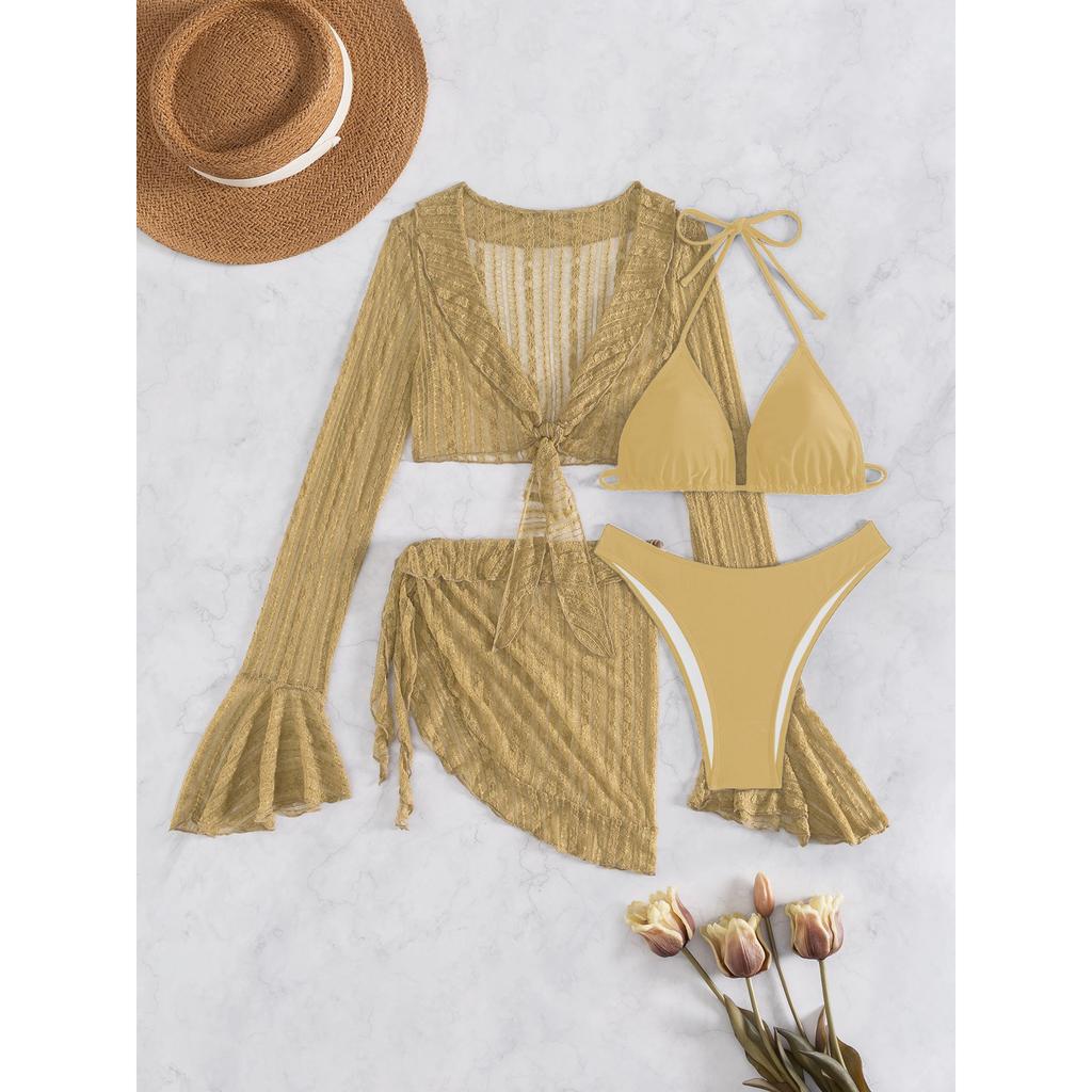 Sexy Four-piece Women Swimsuit Long-sleeve Cover-up Swimwear Summer Solid Bikini Set Brazilian Beachwear Party Bathing Suit