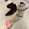 Soft leather version~ autumn and winter new round head belt buckle fashion temperament sleeve short boots women's slope heel stacking boots