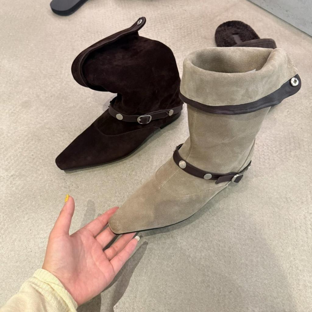 Soft leather version~ autumn and winter new round head belt buckle fashion temperament sleeve short boots women's slope heel stacking boots