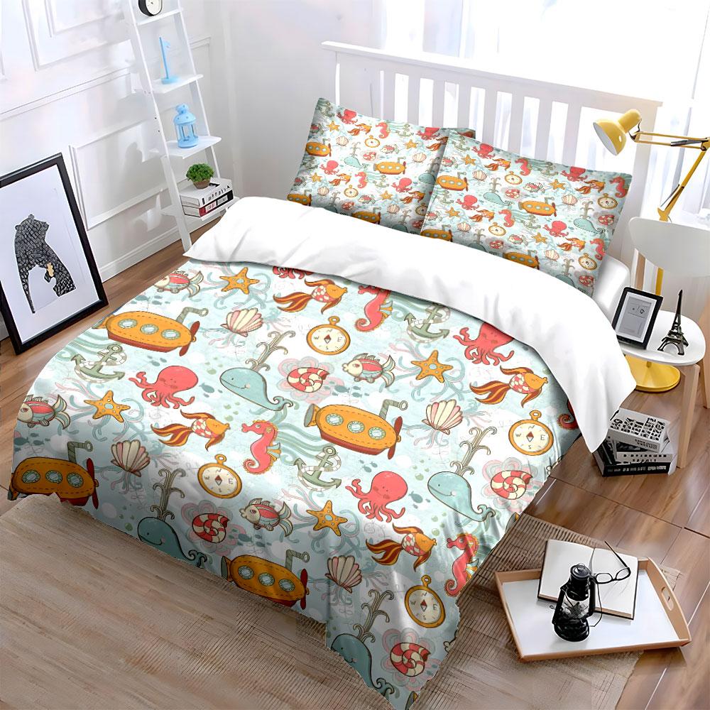 Underwater Cartoon Sea Pattern Bedding Duvet Cover Set  (1*Duvet Cover 2*Pillowcases, without duvet insert)