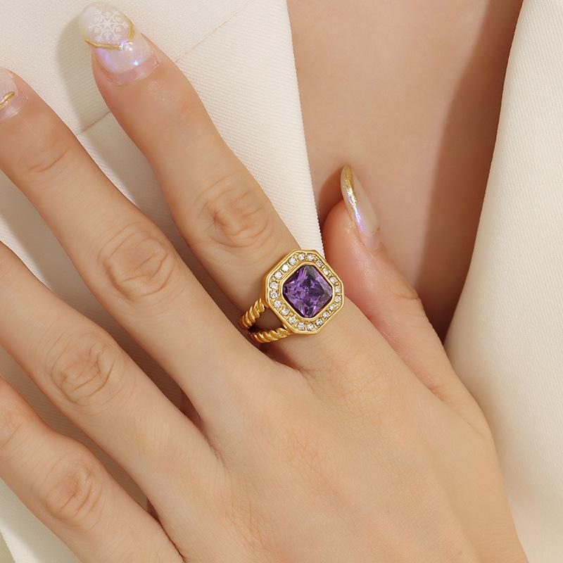 18K Gold-Plated Titanium Steel Geometric Ring with Zirconia Glass Stones