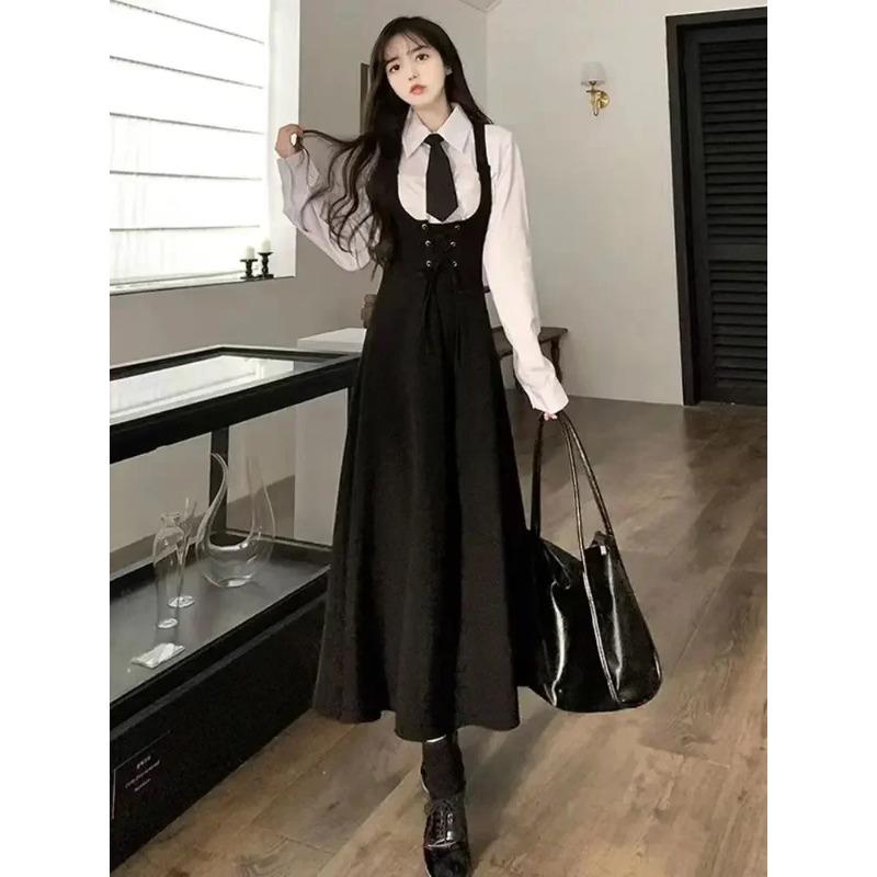 Set din două piese pentru femei, primăvară, vară și toamnă, cămașă albă cu rever + fustă vestă largă de lungime medie, cu centură