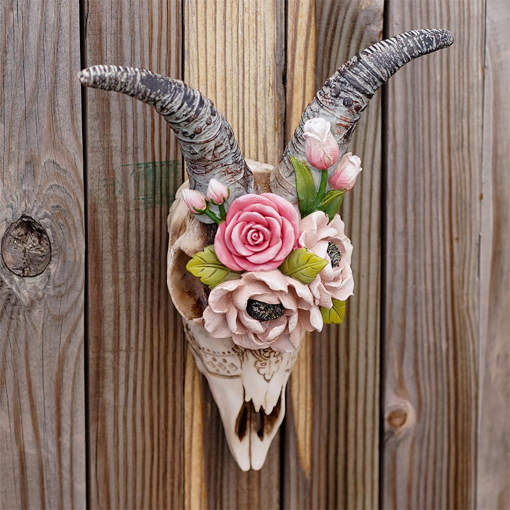Decorative Wall Hanging Sculpture Figurines Simulation Flower Goat Skull Ornament Artwork Props 3D Animal Crafts Decor