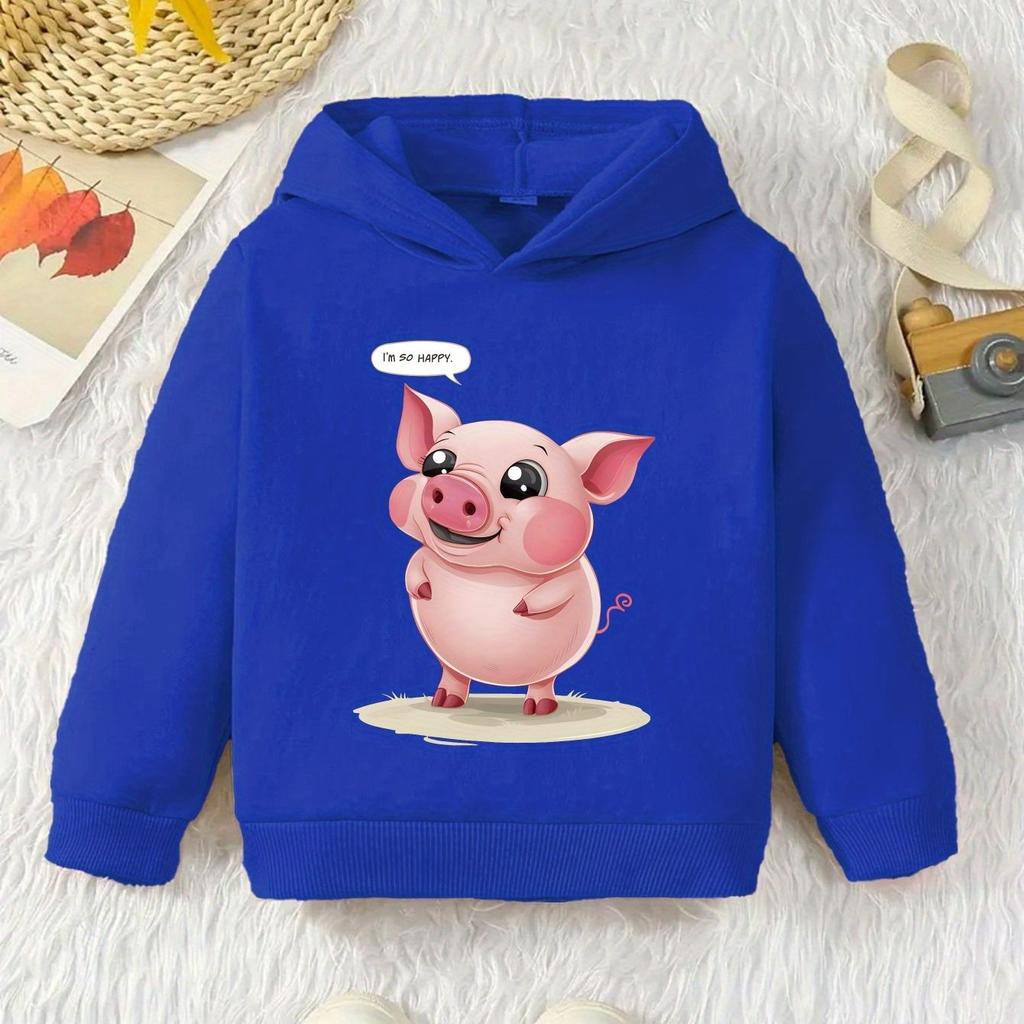 6 13 PIG I M SO HAPPY Boys' Casual Long-Sleeve Hoodie, Autumn And Winter Sports Shirt for Boys, Outdoor Hoodie Top
