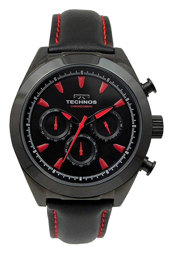 TECHNOS Chronograph Watch Men's Leather Band Black & Red T9451-BR