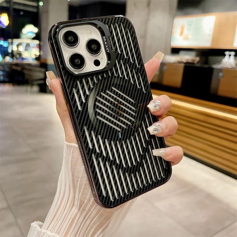 Luxury Hollow Heat Dissipation Magnetic Phone Case for iPhone 16 15 14 13 Pro max Camera Folding Stand Cover