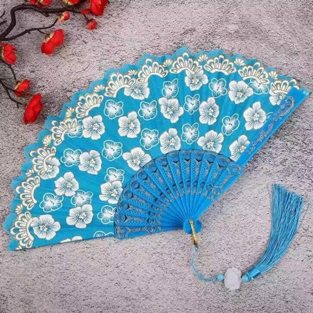 Hanfu Fan Flower Pattern Chinese Folding Fan Traditional Vintage Handheld Fan with Tassel Portable Decorative Fan Cultural Event