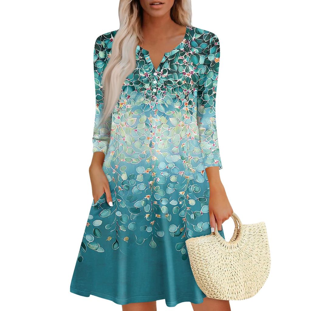 Women's Fashionable V-Neck Button Seven Part Cuff Pocket Floral Dress