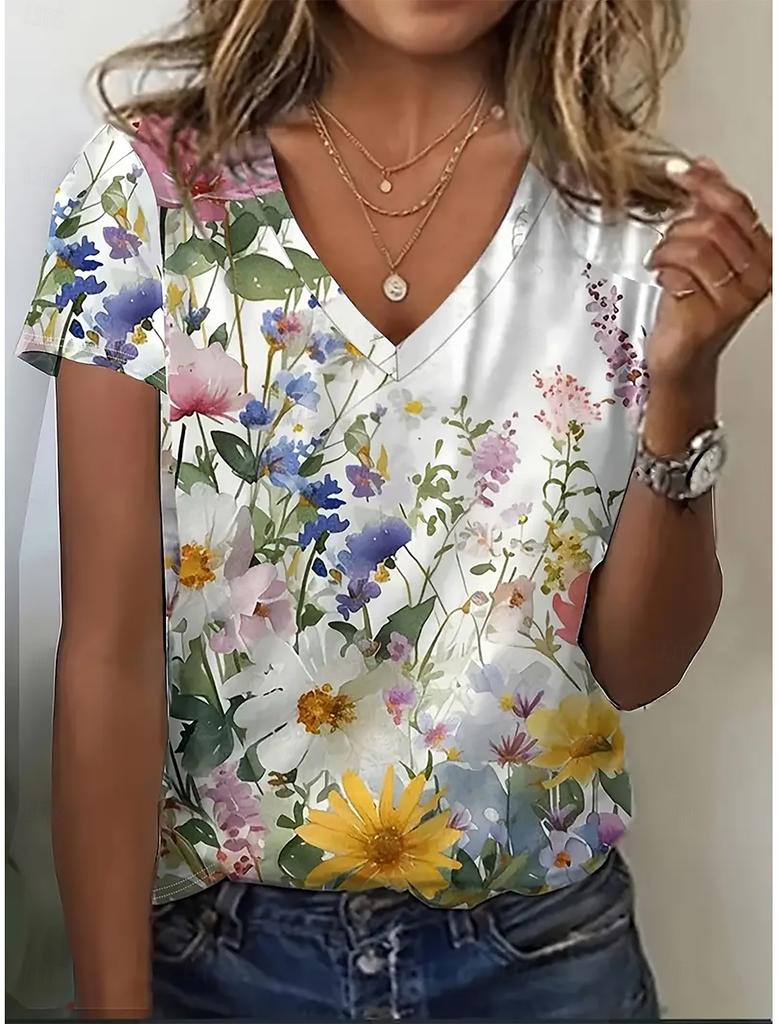 Summer Women's T Shirt Floral Plants Classic Casual Boho Casual Short Sleeve V Neck Regular Tops Daily Printed Y2K Tees