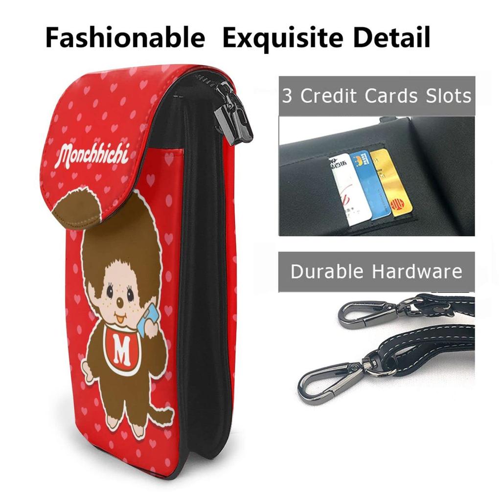 Monchhichi Genuine Leather Smartphone Pouch Shoulder and Mini Popular 19cm High x Wide x 4cm Thick [JMI] Bag, Thin, Women's Men's Pouch,
