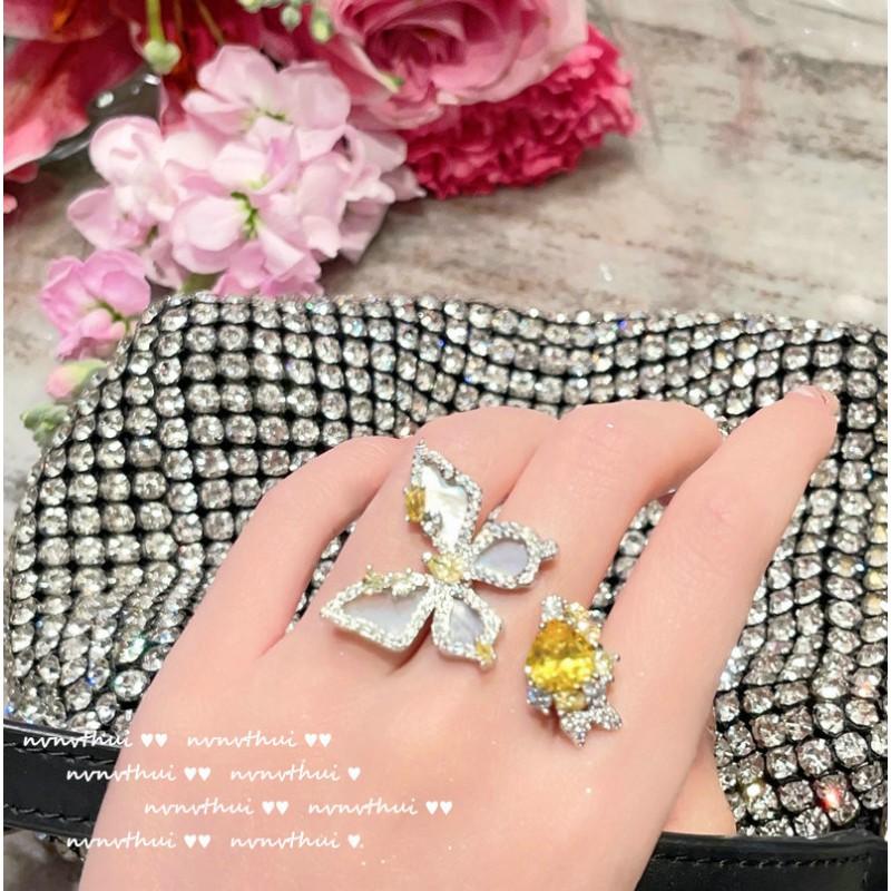 Vintage Butterfly Ring Earrings Set - Yellow Zircon Shell Design Adjustable Open Baroque Style 18K Gold Plated Jewelry