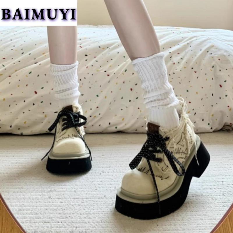 Botines Cowboy Mujer Zapatillas de Plataforma Zapatos Casuales Chunky Mujer Otoño 2025 Diseño de Tendencia Lona con Cordones Zapatos Mujer Botas