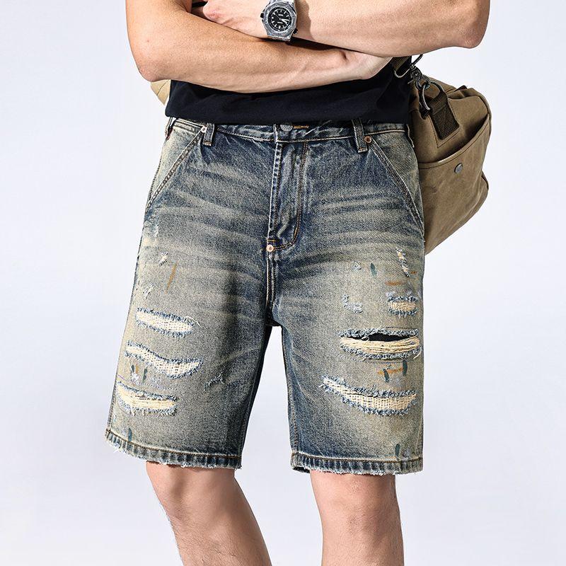 New Retro Ripped Denim Shorts Men's Summer Thin Five-point Pants Casual Mid-sized Pants