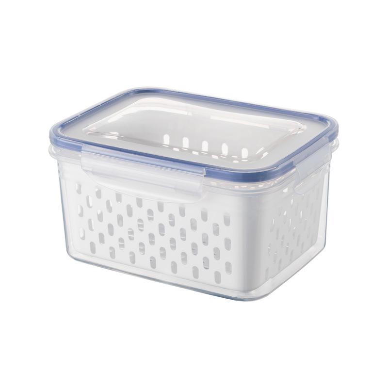 Dual-Layer Refrigerator Fresh-Keeping Box: Sealed Food Storage with Draining Basket for Fruits, Grains, and Cereals.