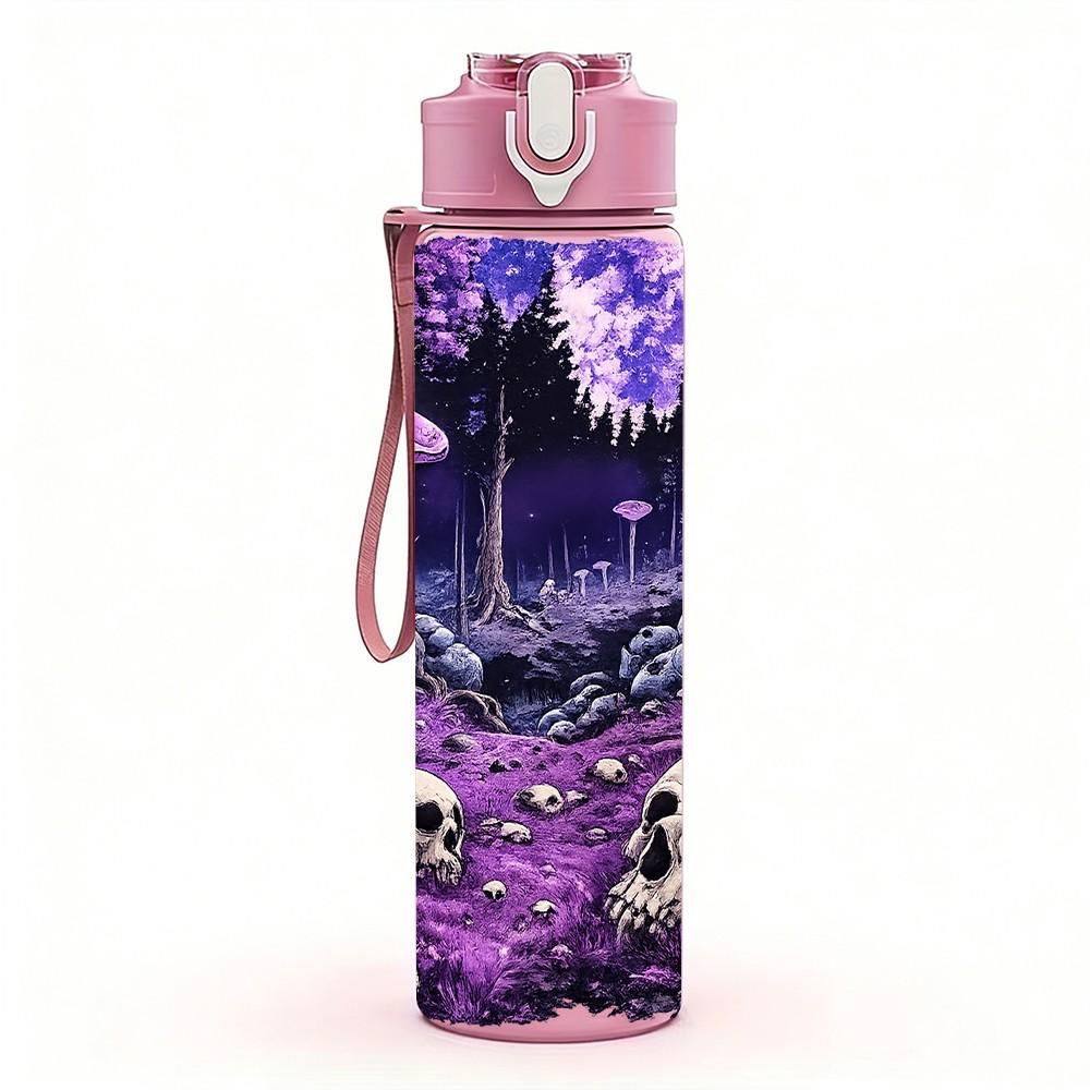 1PC Purple Forest Skull Dark Fantasy Print 750ml Color Plastic Sports Water Bottle Leakproof Flip Straw Lid Suitable for Sports Office Home Use