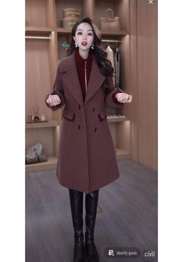 French-Style Mid-Length Jacket for Autumn/Winter: Fleece-Lined, Thickened, Slimming, Lapel, Long-Sleeved, Fashionable Mother’s Coat