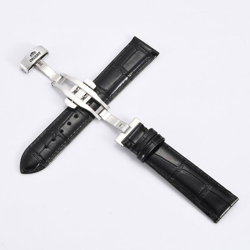 Orient Genuine Leather Watch Strap Black with Black Stitching Silver Butterfly Clasp Replacement Band for Men Women Mechanical Watches 5065405150233