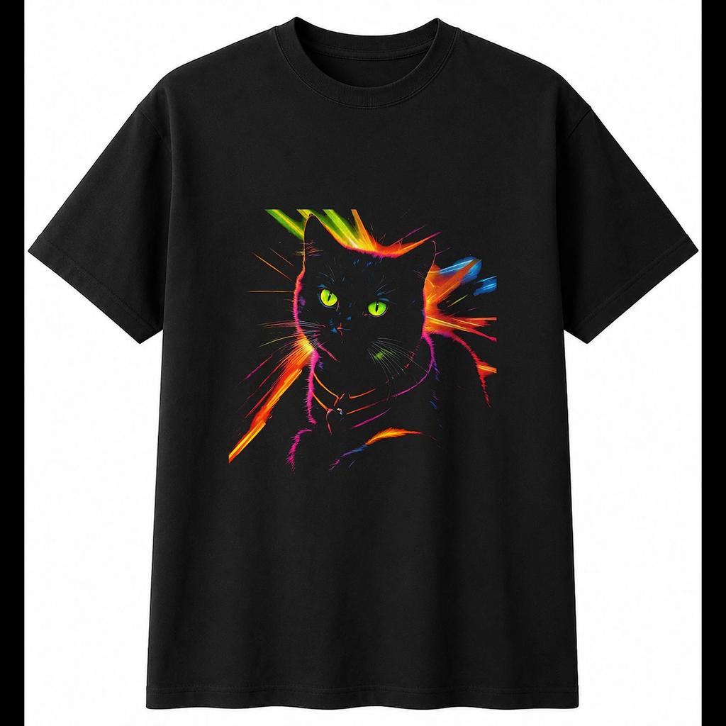 Neon Black Cat Portrait Sunbeams Mens T-Shirt 100% Cotton Owner Printed Feline