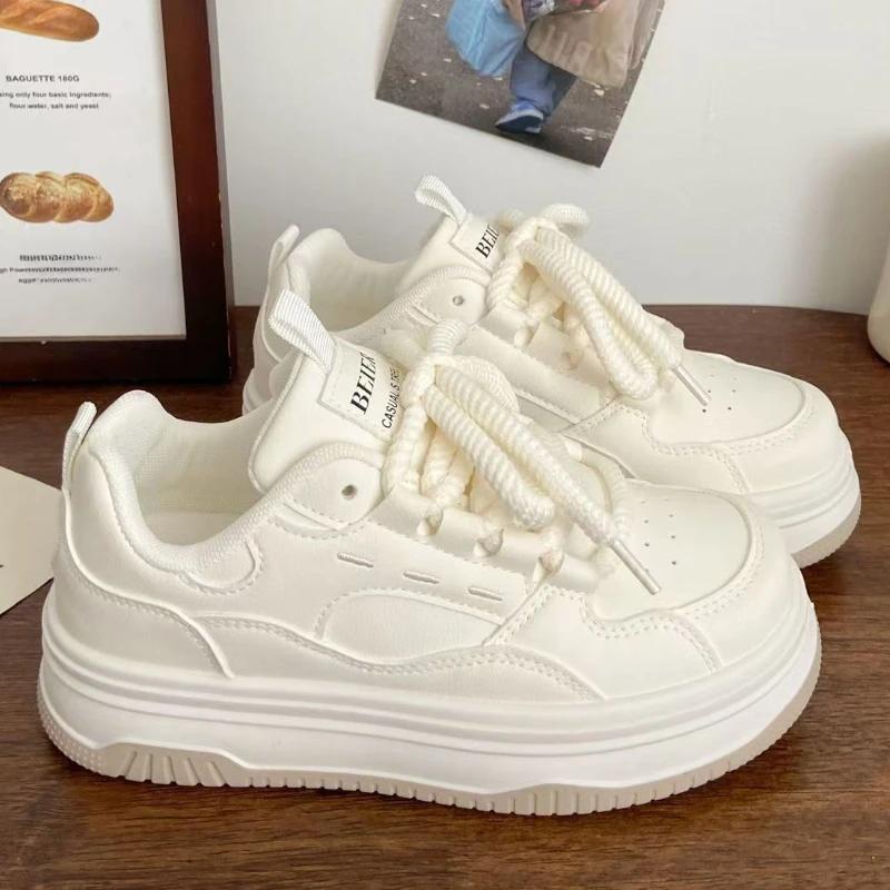 Fashion Round-toe Lace-up Casual White Thick-soled Vulcanized Shoes Seasonal New Comfortable Flat-soled Fashion Sneakers