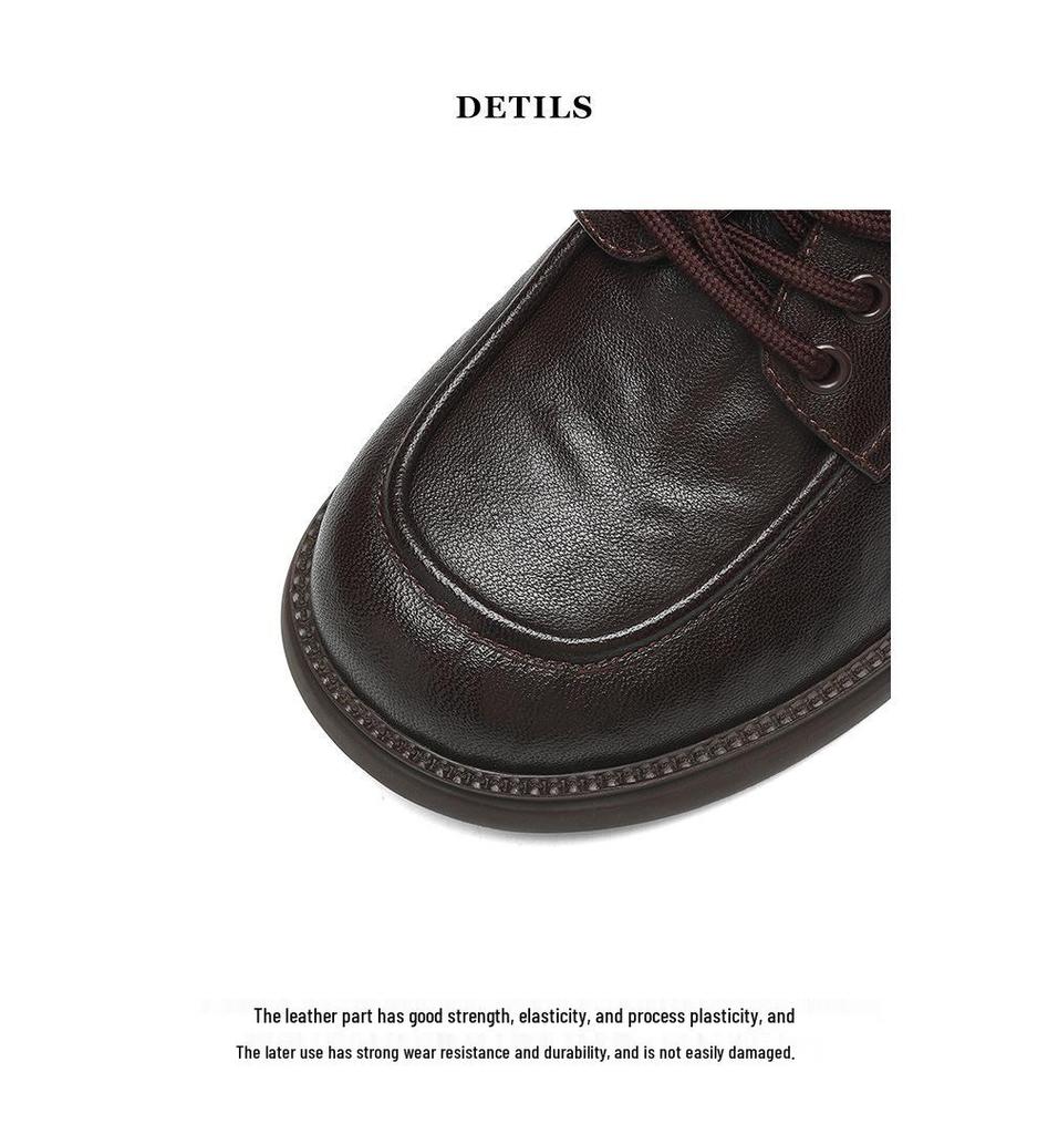 Top Grain Cowhide Women's Round Toe Lace-up Loafers - Autumn 2025 Luxury Hand-Grained Leather Shoes