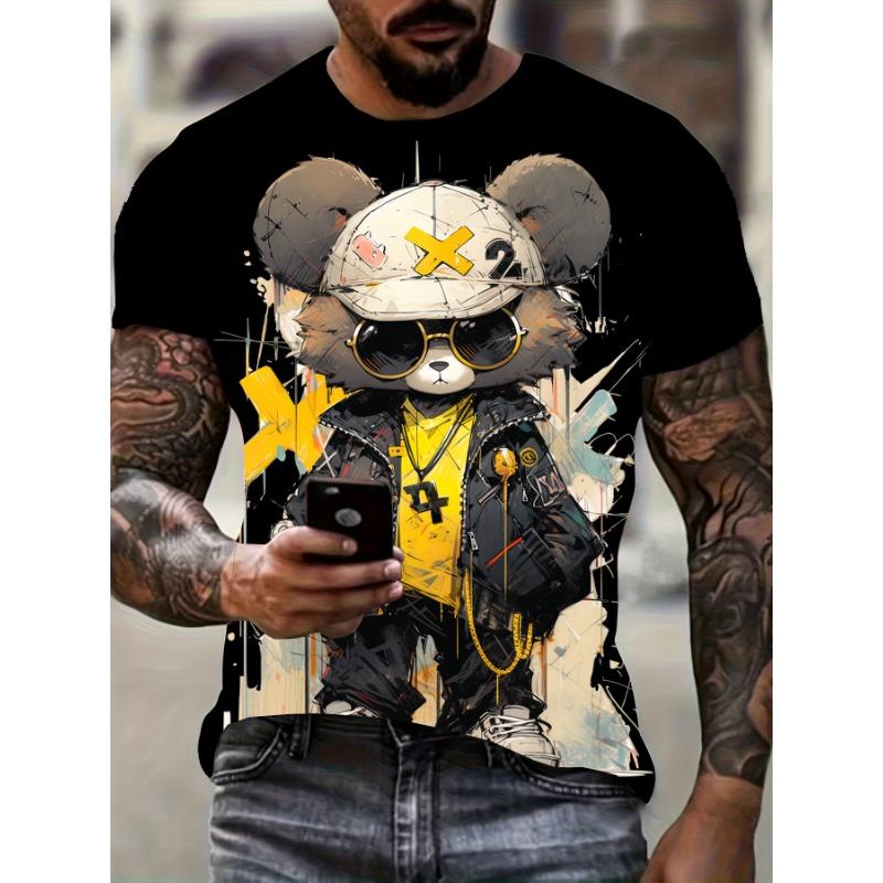 Men's casual fashion T-shirt 3D printing anime bear pattern printed T-shirt for summer daily outdoor street cool wear