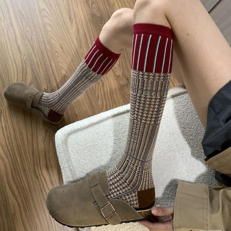 Retro Color Block Calf Socks Women S Cotton Socks Striped Personality Fashionable Autumn Winter Long Tube Socks
