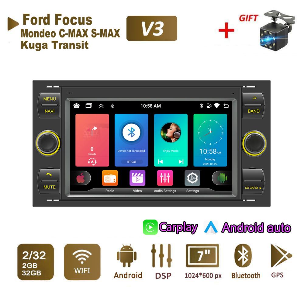 

Автомобильный радиоприемник мультимедийный проигрыватель для Ford Focus 2007 Mondeo S-max C MAX Kuga Galaxy Fiesta Transit Fusion 2 Din Android Carplay GPS Autoradio 2+64 ГБ 2+32GB чёрный