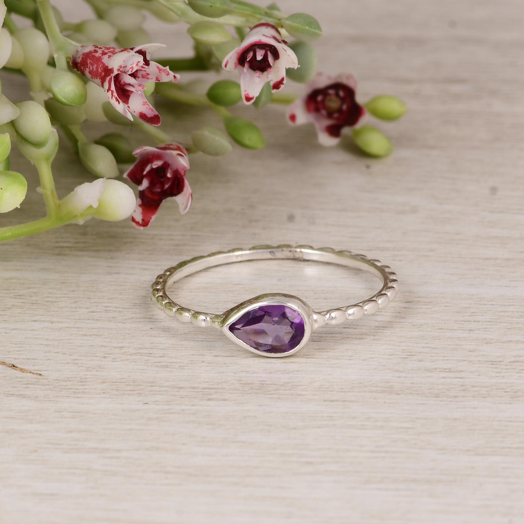 

February Birthstone Jewelry, 925 Sterling Silver Teardrop Purple Gemstone Ring, Gift for Her, Anniversary Ring. 10