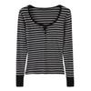 Women's European Stripe U-Neck Long-Sleeve Base Layer Shirt, Straight Shoulder Design, Spring Wear