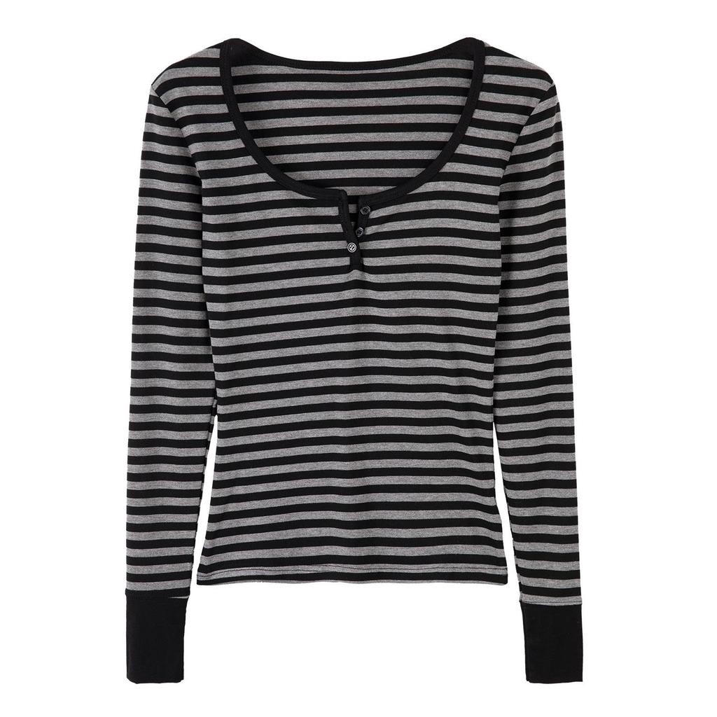 Women's European Stripe U-Neck Long-Sleeve Base Layer Shirt, Straight Shoulder Design, Spring Wear