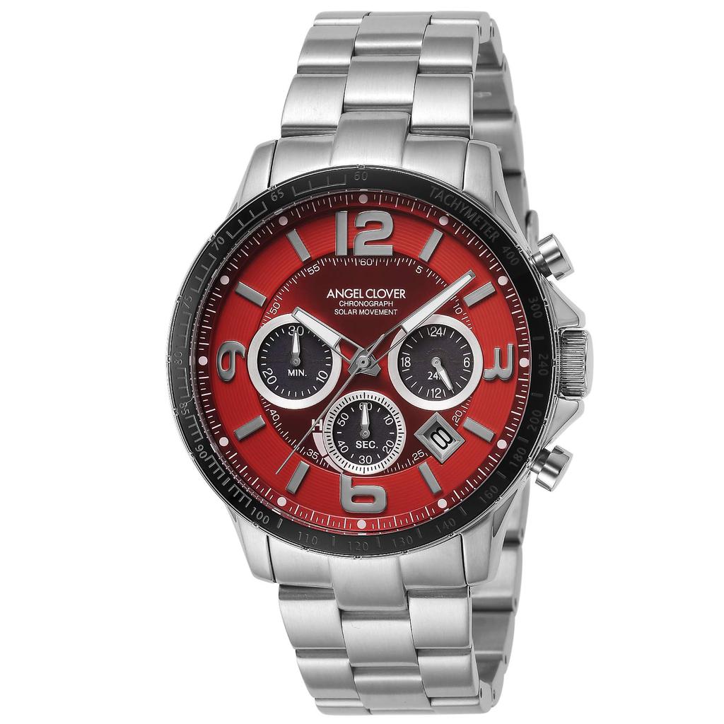Angel Clover TIME CRAFT SOLAR Men's Watch, Red Dial, Stainless Steel, Solar Quartz, 44mm, TCS44SRE, Silver, Official Warranty