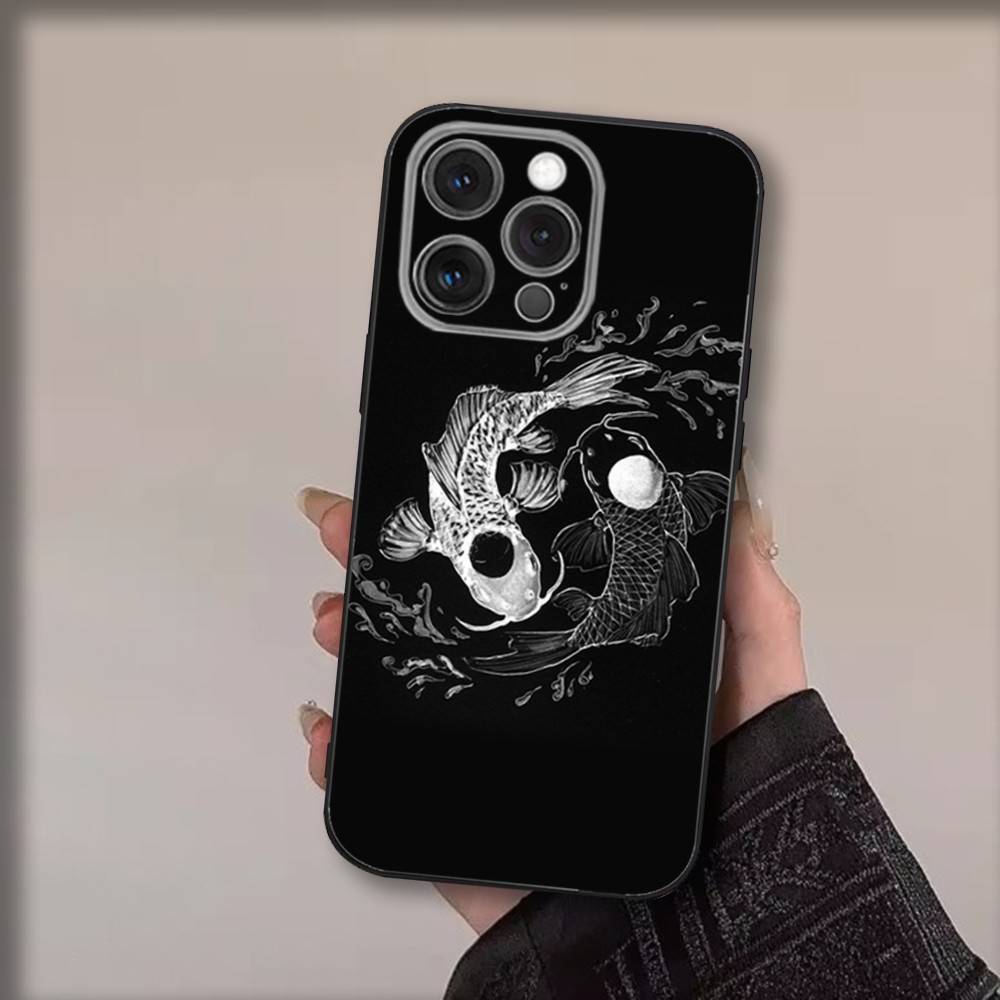 Koi Karpfen Fisch Yin Yang Handyhülle Für iPhone 17,16,15,14,13,12,11,Pro,Max,Plus,Air,X,XS,XR,SE,8,7,Mini,Weiche Schwarze Hülle