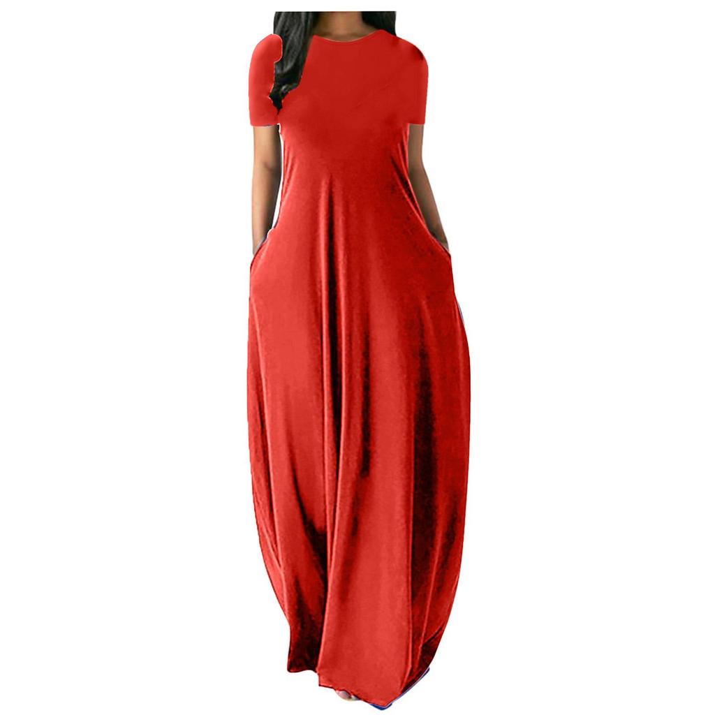 Plus Size Women’s Solid Color Round Neck Pocket Maxi Dress – Short Sleeve, Loose Fit