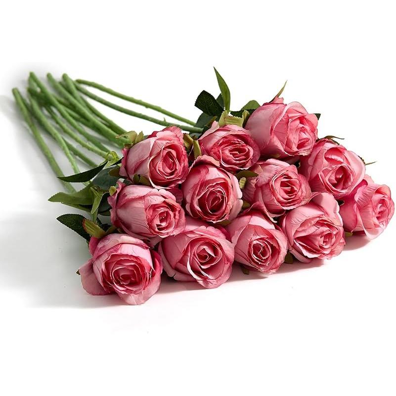 12 Pcs Deep Pink Roses Artificial Flowers -20  Silk Roses Bouquet,Fake Roses Long Stem for Arrangement Wedding Centerpiece Home Office Party Decor