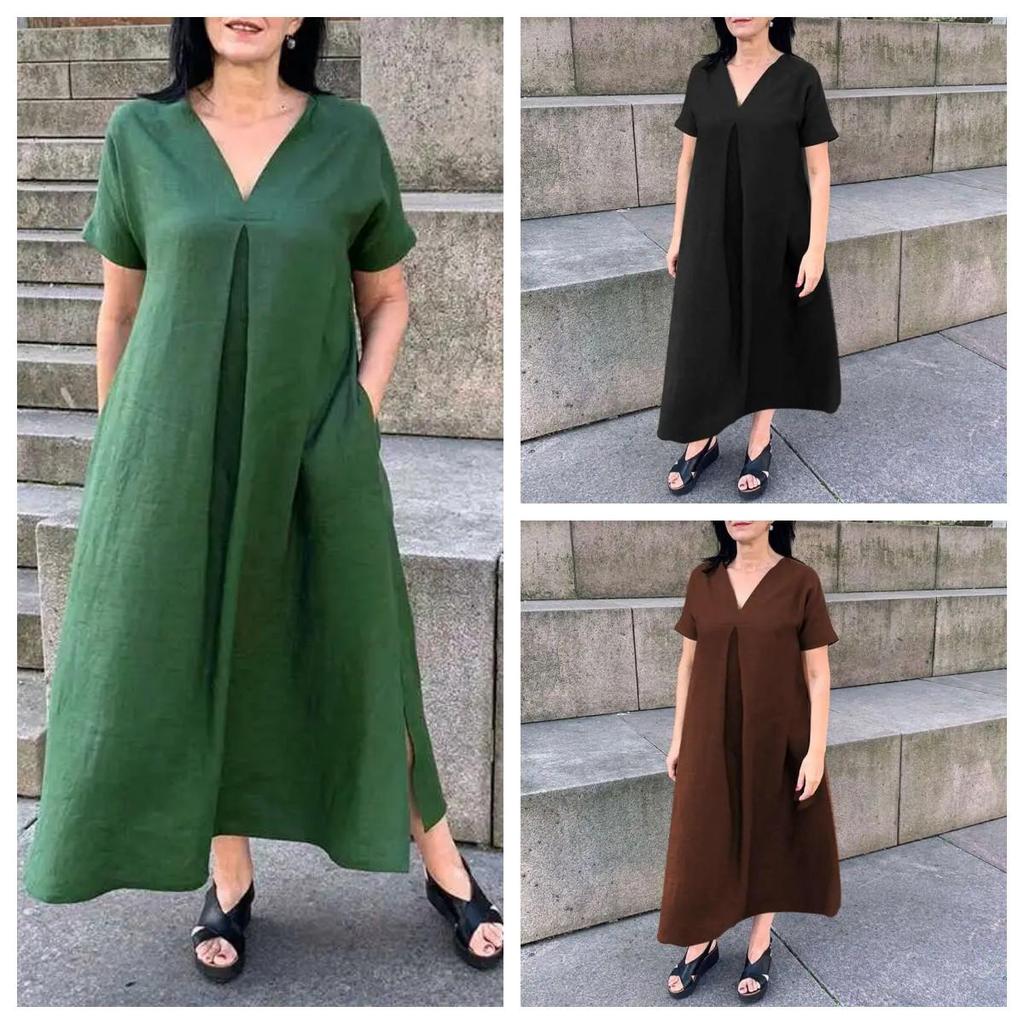 2024 Spring/Summer European American Cotton Linen V-Neck Short Sleeve Pocket Dress