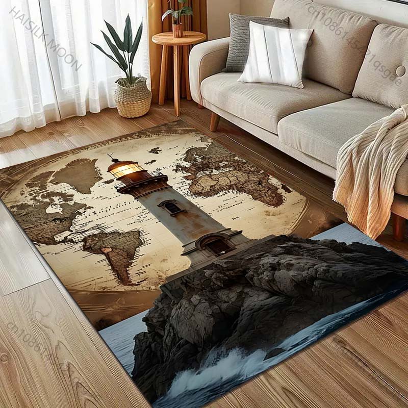 Lighthouse and World Map Pattern Carpet for Bedroom Living Room Bedside Sofa Floor Mat Modern Home Decor Area Rug Large Size