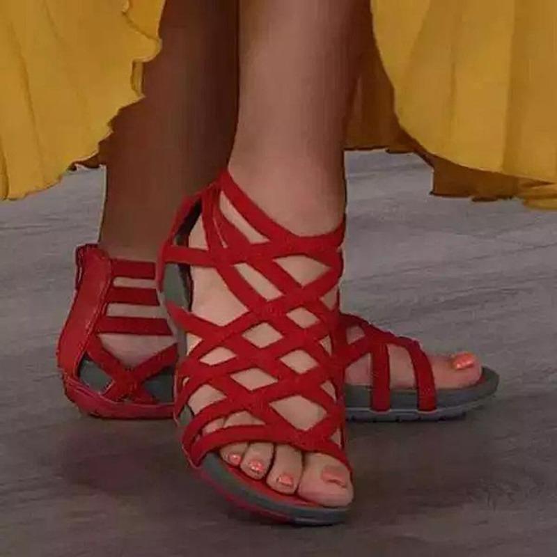 Summer Women Sandals Round Toe Hollow Wedges Sandals Casual Closed Toe Flat Rome Sandals Plus Size Leopard Sandalswer4