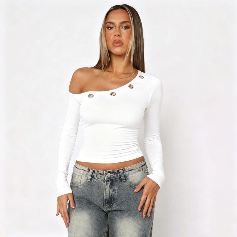 2026 Casual Diagonal Neck Long Sleeve Off The Shoulder Womens Blouse Spring Solid Color Crop Tops Streetwear T-shirt Slim Fit Short Shirt