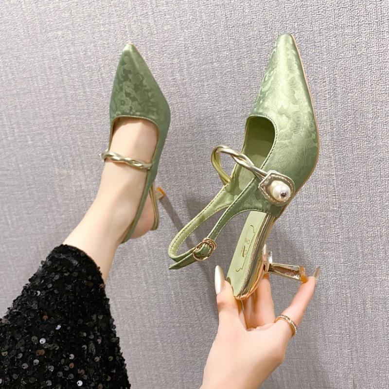 

Новые летние модные туфли с острым носком и жемчугом, женские пикантные женские сандалии на высоком каблуке, банкетная женская обувь 35 зелёный
