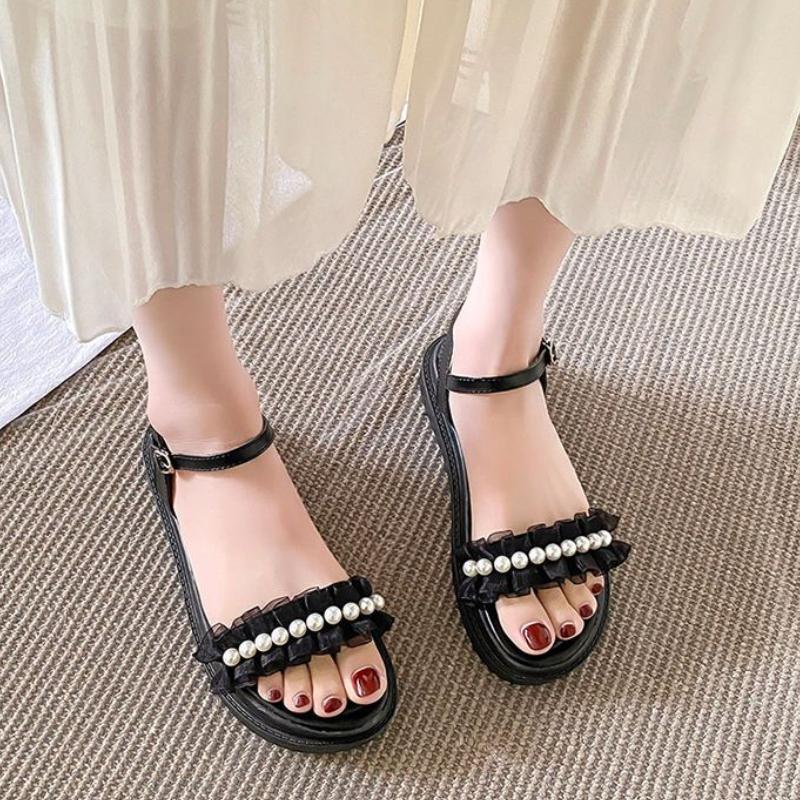 Outdoor Pearl Platform Round Toe Tip Women's Sandals 2025 Luxury Casual Pvc Low Price Korea Sandal Trending Vintage Ladies Shoes