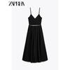Zaprha2025 New Arrival Sexy Temperament with Belt Patchwork Midi Skirt V-neck Strap Dress Waist 1165065